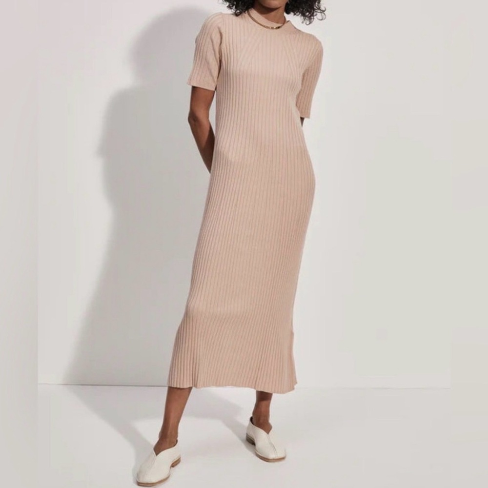 Varley Maeve Ribbed Knit Midi Dress Women’s XL Warm Taupe Neutral Short Sleeve - Picture 3 of 13